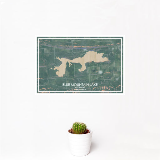 12x18 Blue Mountain Lake Arkansas Map Print Landscape Orientation in Afternoon Style With Small Cactus Plant in White Planter
