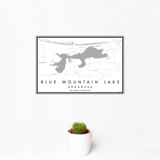 12x18 Blue Mountain Lake Arkansas Map Print Landscape Orientation in Classic Style With Small Cactus Plant in White Planter