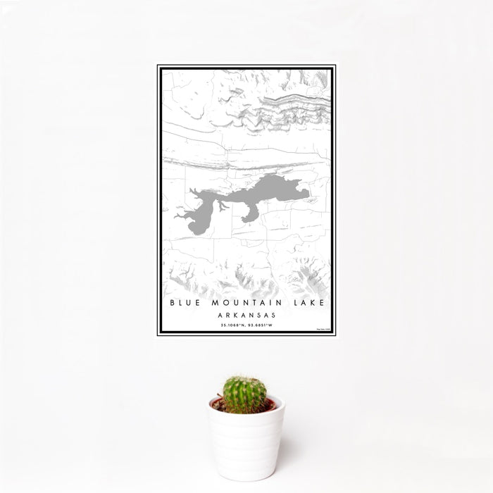 12x18 Blue Mountain Lake Arkansas Map Print Portrait Orientation in Classic Style With Small Cactus Plant in White Planter