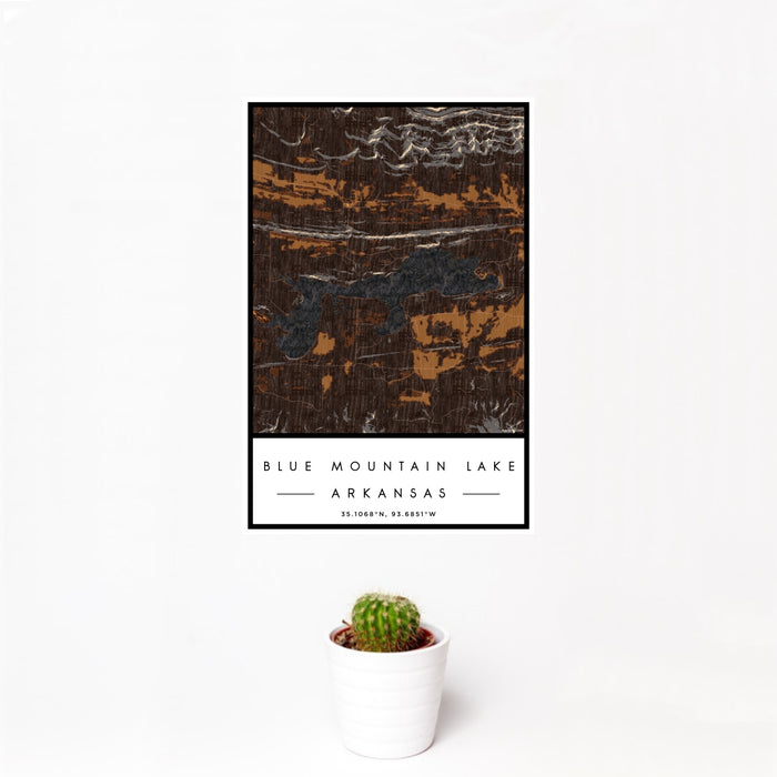 12x18 Blue Mountain Lake Arkansas Map Print Portrait Orientation in Ember Style With Small Cactus Plant in White Planter