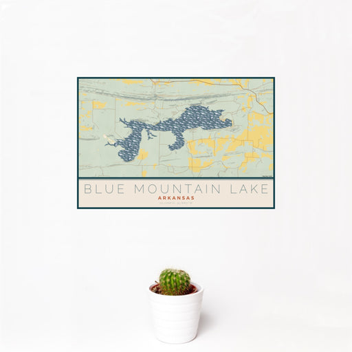 12x18 Blue Mountain Lake Arkansas Map Print Landscape Orientation in Woodblock Style With Small Cactus Plant in White Planter