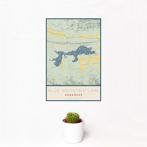 12x18 Blue Mountain Lake Arkansas Map Print Portrait Orientation in Woodblock Style With Small Cactus Plant in White Planter