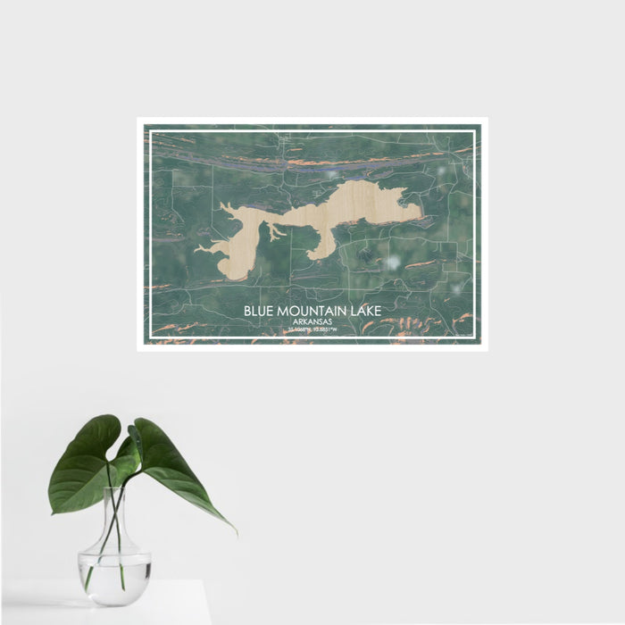 16x24 Blue Mountain Lake Arkansas Map Print Landscape Orientation in Afternoon Style With Tropical Plant Leaves in Water