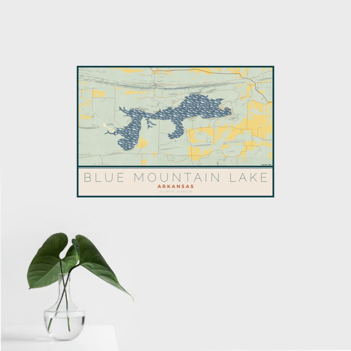 16x24 Blue Mountain Lake Arkansas Map Print Landscape Orientation in Woodblock Style With Tropical Plant Leaves in Water