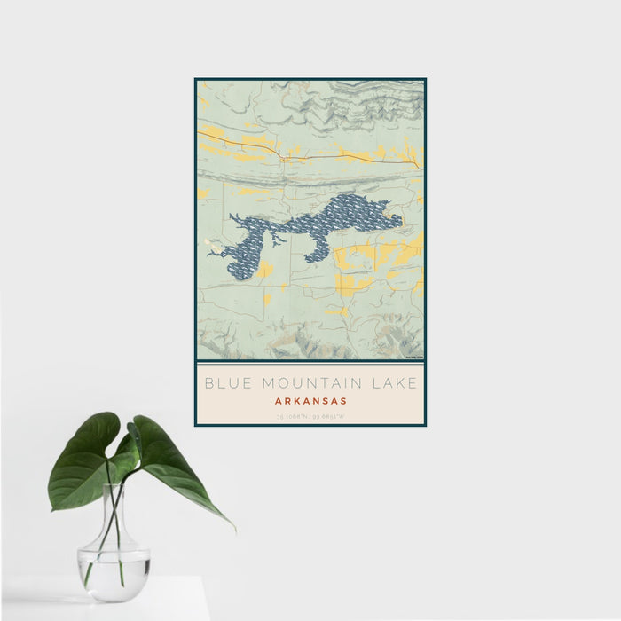16x24 Blue Mountain Lake Arkansas Map Print Portrait Orientation in Woodblock Style With Tropical Plant Leaves in Water
