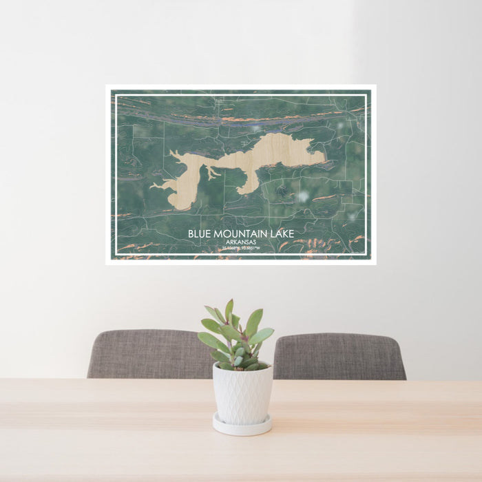 24x36 Blue Mountain Lake Arkansas Map Print Lanscape Orientation in Afternoon Style Behind 2 Chairs Table and Potted Plant
