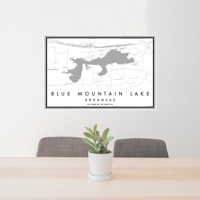 24x36 Blue Mountain Lake Arkansas Map Print Lanscape Orientation in Classic Style Behind 2 Chairs Table and Potted Plant