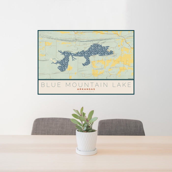 24x36 Blue Mountain Lake Arkansas Map Print Lanscape Orientation in Woodblock Style Behind 2 Chairs Table and Potted Plant