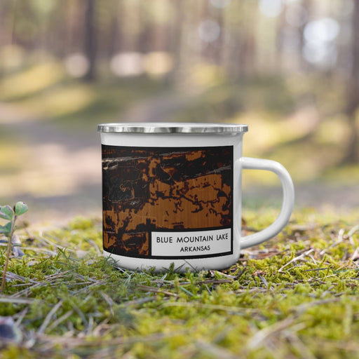 Right View Custom Blue Mountain Lake Arkansas Map Enamel Mug in Ember on Grass With Trees in Background