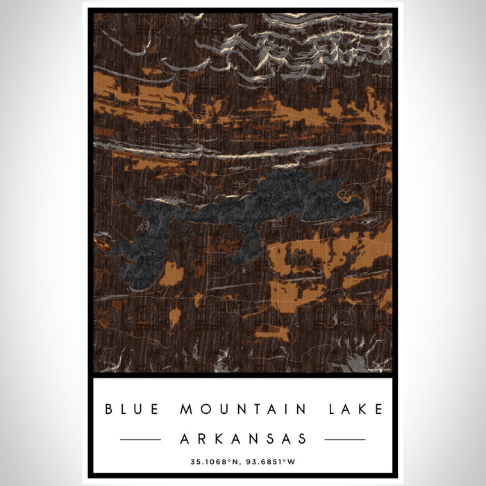 Blue Mountain Lake Arkansas Map Print Portrait Orientation in Ember Style With Shaded Background