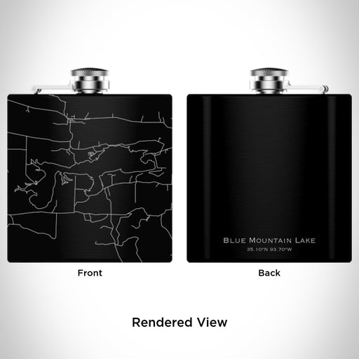 Rendered View of Blue Mountain Lake Arkansas Map Engraving on 6oz Stainless Steel Flask in Black