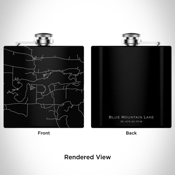 Rendered View of Blue Mountain Lake Arkansas Map Engraving on 6oz Stainless Steel Flask in Black