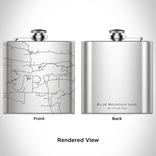 Rendered View of Blue Mountain Lake Arkansas Map Engraving on 6oz Stainless Steel Flask