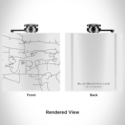 Rendered View of Blue Mountain Lake Arkansas Map Engraving on 6oz Stainless Steel Flask in White