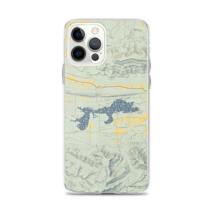 Custom iPhone 12 Pro Max Blue Mountain Lake Arkansas Map Phone Case in Woodblock