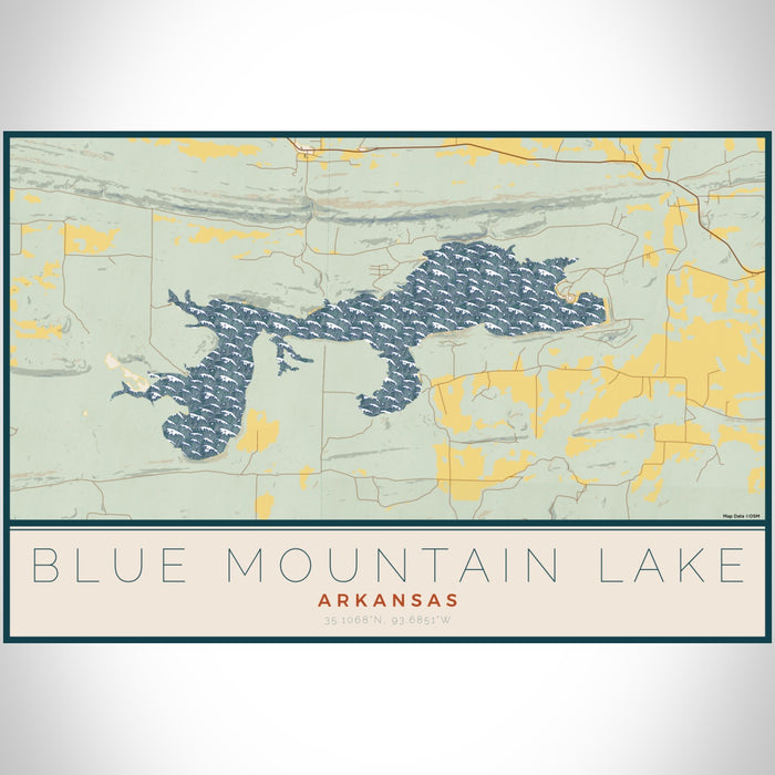 Blue Mountain Lake Arkansas Map Print Landscape Orientation in Woodblock Style With Shaded Background