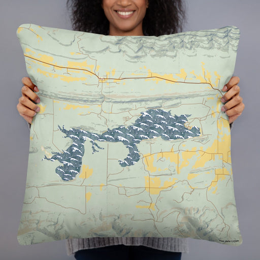 Person holding 22x22 Custom Blue Mountain Lake Arkansas Map Throw Pillow in Woodblock