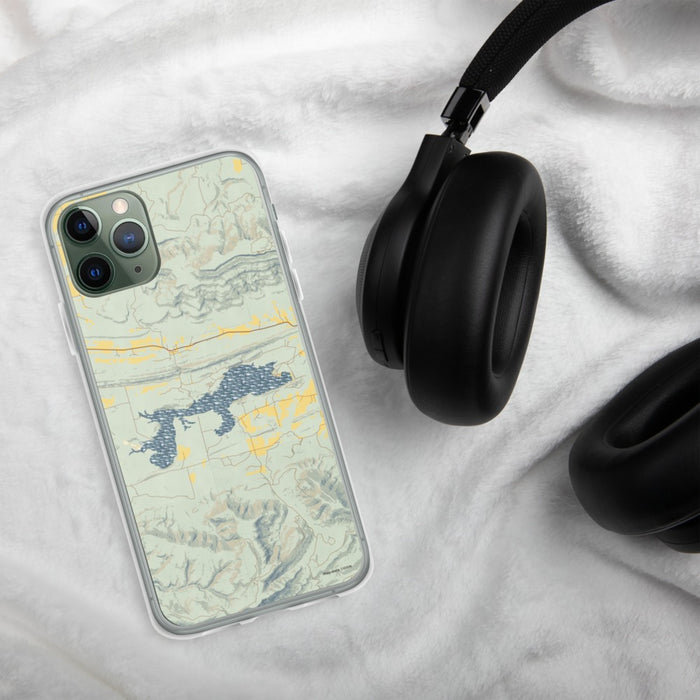 Custom Blue Mountain Lake Arkansas Map Phone Case in Woodblock on Table with Black Headphones