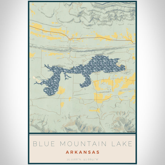 Blue Mountain Lake Arkansas Map Print Portrait Orientation in Woodblock Style With Shaded Background