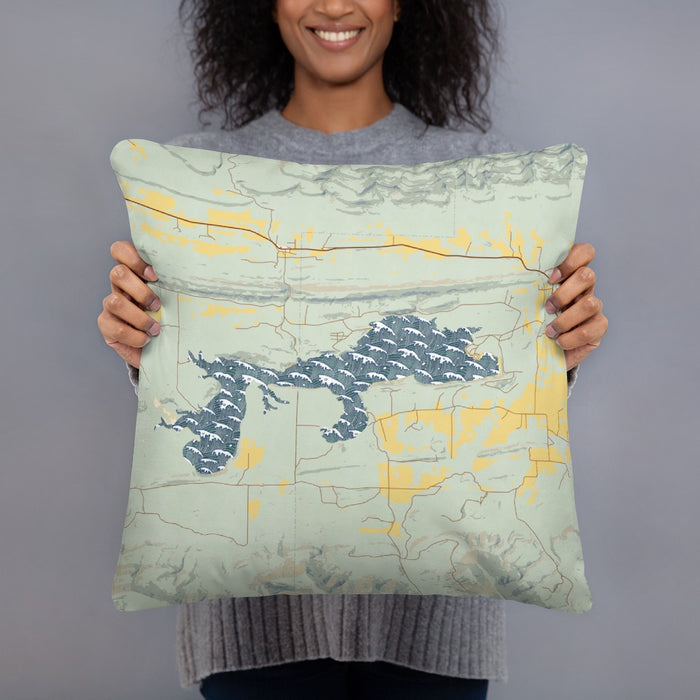 Person holding 18x18 Custom Blue Mountain Lake Arkansas Map Throw Pillow in Woodblock