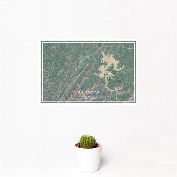 12x18 Blue Ridge Georgia Map Print Landscape Orientation in Afternoon Style With Small Cactus Plant in White Planter