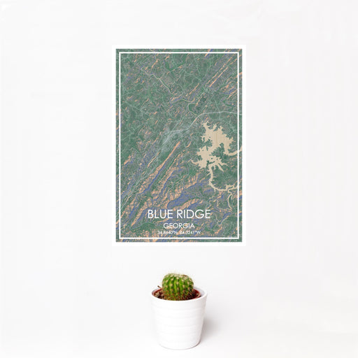 12x18 Blue Ridge Georgia Map Print Portrait Orientation in Afternoon Style With Small Cactus Plant in White Planter
