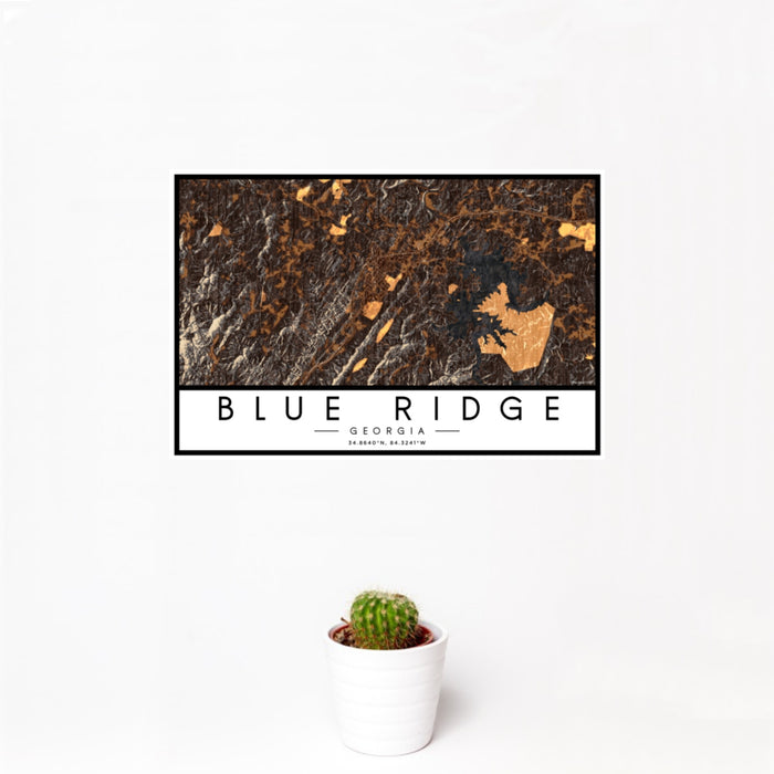 12x18 Blue Ridge Georgia Map Print Landscape Orientation in Ember Style With Small Cactus Plant in White Planter