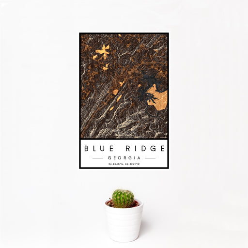 12x18 Blue Ridge Georgia Map Print Portrait Orientation in Ember Style With Small Cactus Plant in White Planter