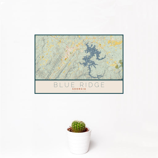 12x18 Blue Ridge Georgia Map Print Landscape Orientation in Woodblock Style With Small Cactus Plant in White Planter