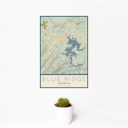 12x18 Blue Ridge Georgia Map Print Portrait Orientation in Woodblock Style With Small Cactus Plant in White Planter