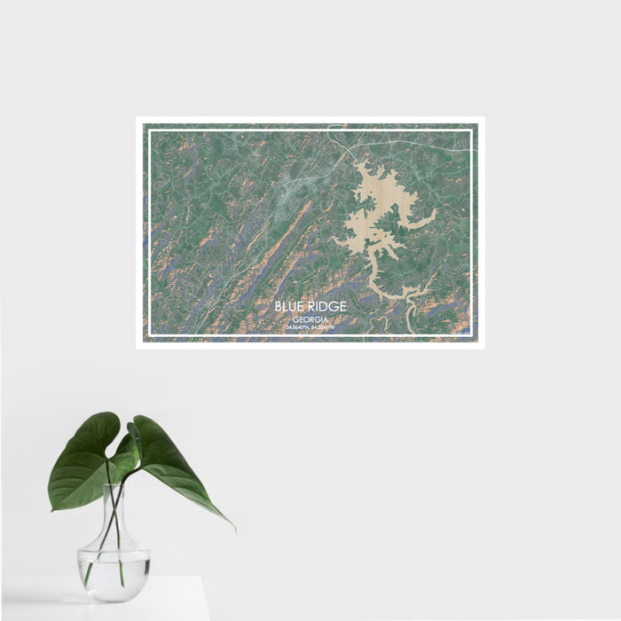 16x24 Blue Ridge Georgia Map Print Landscape Orientation in Afternoon Style With Tropical Plant Leaves in Water