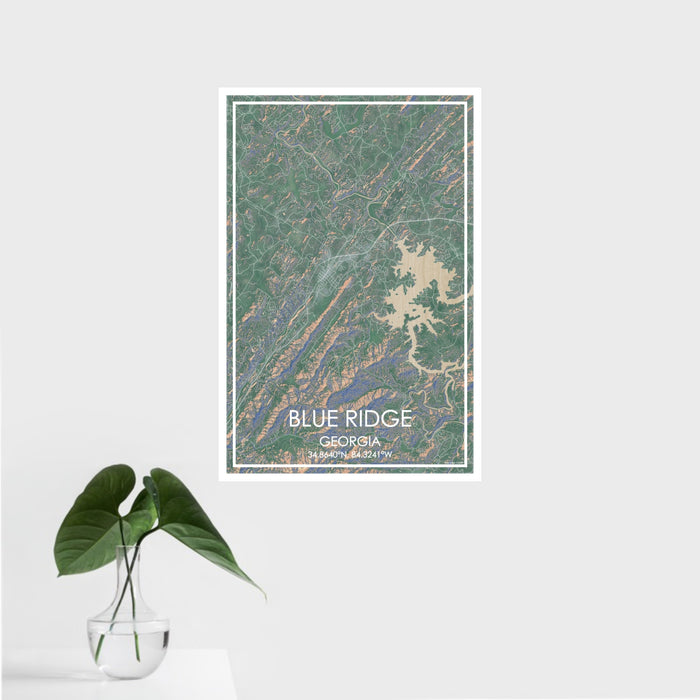 16x24 Blue Ridge Georgia Map Print Portrait Orientation in Afternoon Style With Tropical Plant Leaves in Water