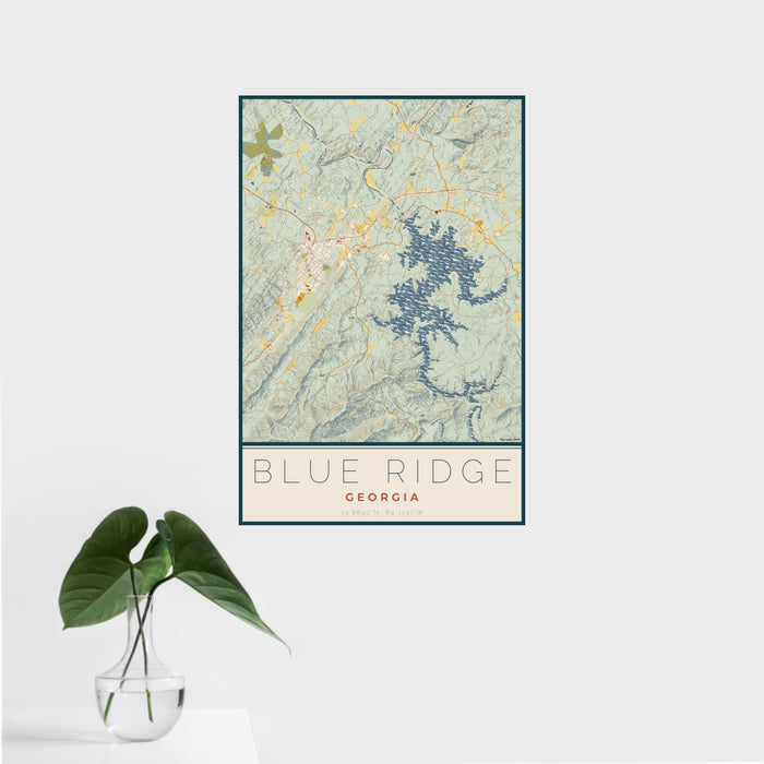 16x24 Blue Ridge Georgia Map Print Portrait Orientation in Woodblock Style With Tropical Plant Leaves in Water