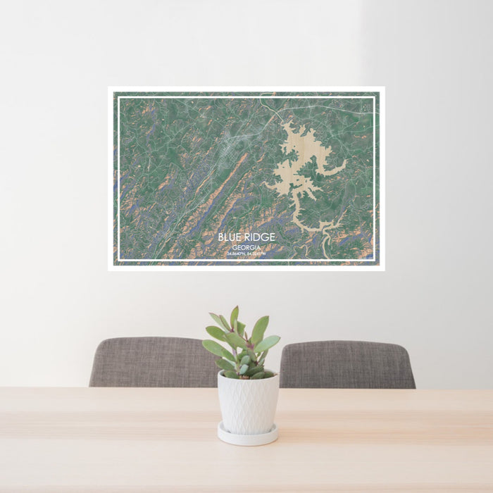 24x36 Blue Ridge Georgia Map Print Lanscape Orientation in Afternoon Style Behind 2 Chairs Table and Potted Plant