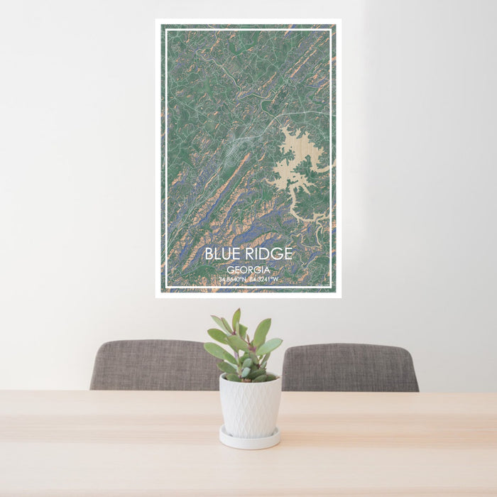 24x36 Blue Ridge Georgia Map Print Portrait Orientation in Afternoon Style Behind 2 Chairs Table and Potted Plant