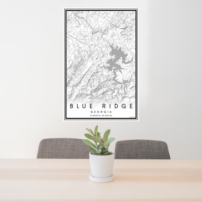 24x36 Blue Ridge Georgia Map Print Portrait Orientation in Classic Style Behind 2 Chairs Table and Potted Plant