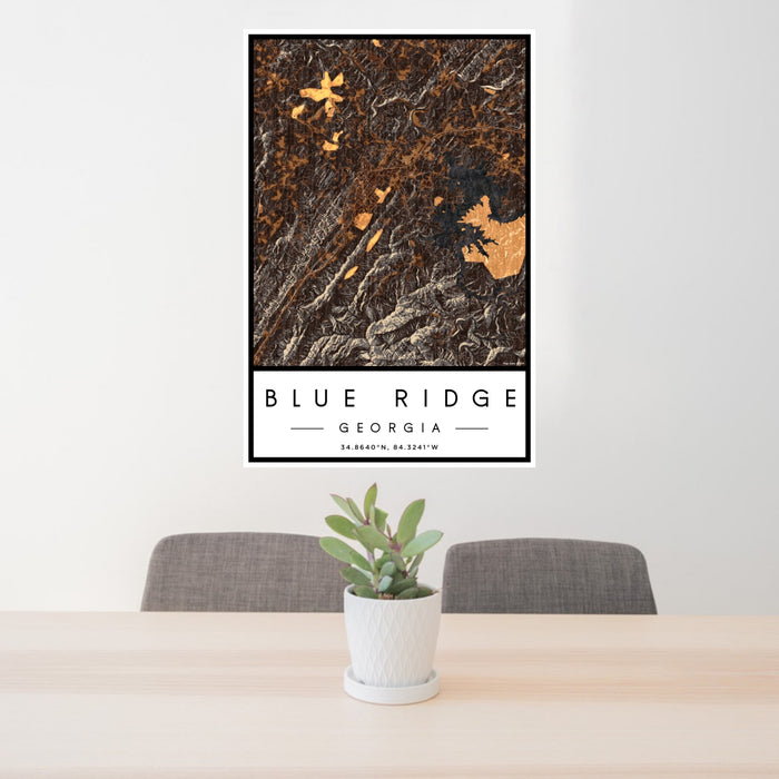 24x36 Blue Ridge Georgia Map Print Portrait Orientation in Ember Style Behind 2 Chairs Table and Potted Plant