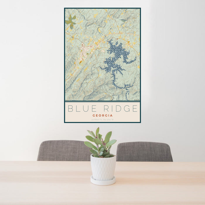 24x36 Blue Ridge Georgia Map Print Portrait Orientation in Woodblock Style Behind 2 Chairs Table and Potted Plant