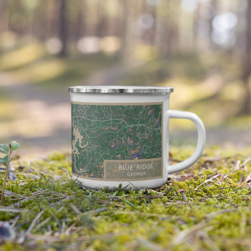 Right View Custom Blue Ridge Georgia Map Enamel Mug in Afternoon on Grass With Trees in Background