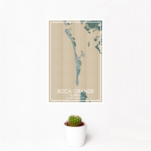 12x18 Boca Grande Florida Map Print Portrait Orientation in Afternoon Style With Small Cactus Plant in White Planter
