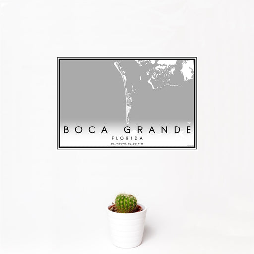 12x18 Boca Grande Florida Map Print Landscape Orientation in Classic Style With Small Cactus Plant in White Planter
