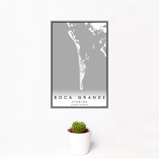 12x18 Boca Grande Florida Map Print Portrait Orientation in Classic Style With Small Cactus Plant in White Planter