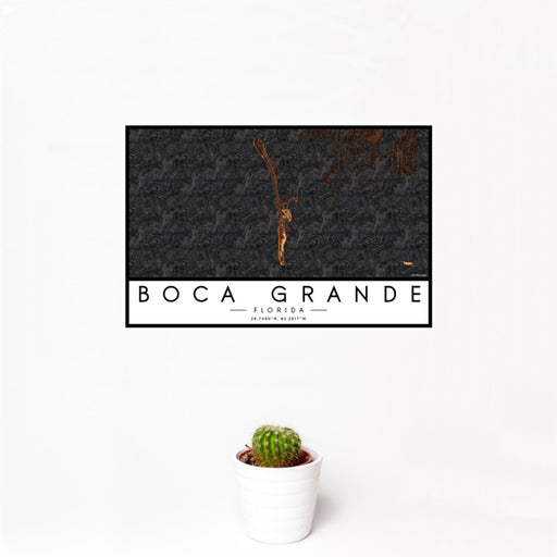 12x18 Boca Grande Florida Map Print Landscape Orientation in Ember Style With Small Cactus Plant in White Planter