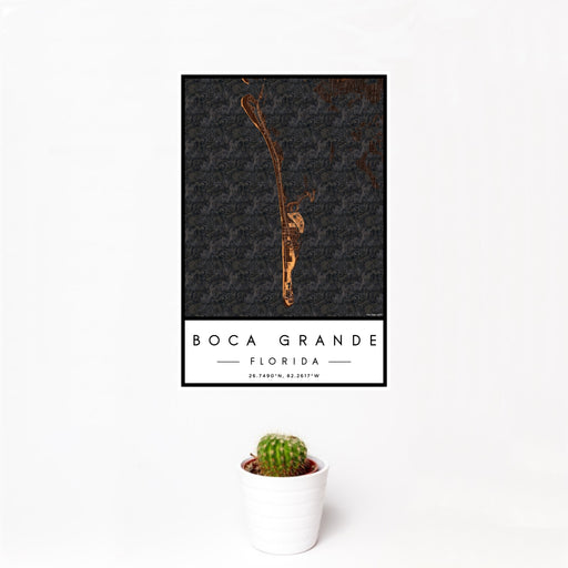 12x18 Boca Grande Florida Map Print Portrait Orientation in Ember Style With Small Cactus Plant in White Planter