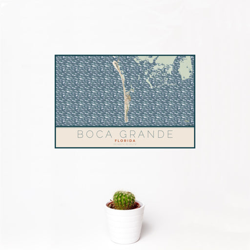 12x18 Boca Grande Florida Map Print Landscape Orientation in Woodblock Style With Small Cactus Plant in White Planter