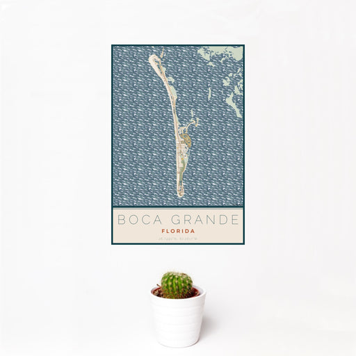 12x18 Boca Grande Florida Map Print Portrait Orientation in Woodblock Style With Small Cactus Plant in White Planter
