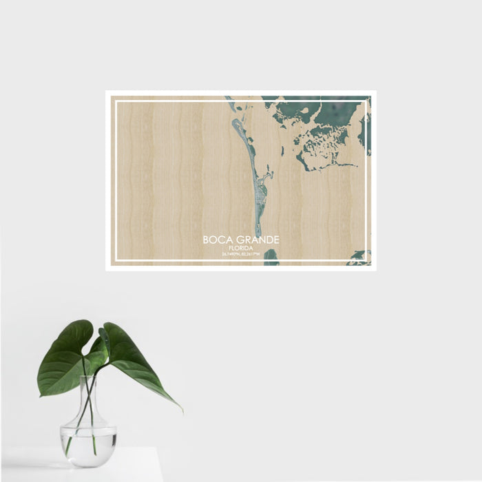 16x24 Boca Grande Florida Map Print Landscape Orientation in Afternoon Style With Tropical Plant Leaves in Water