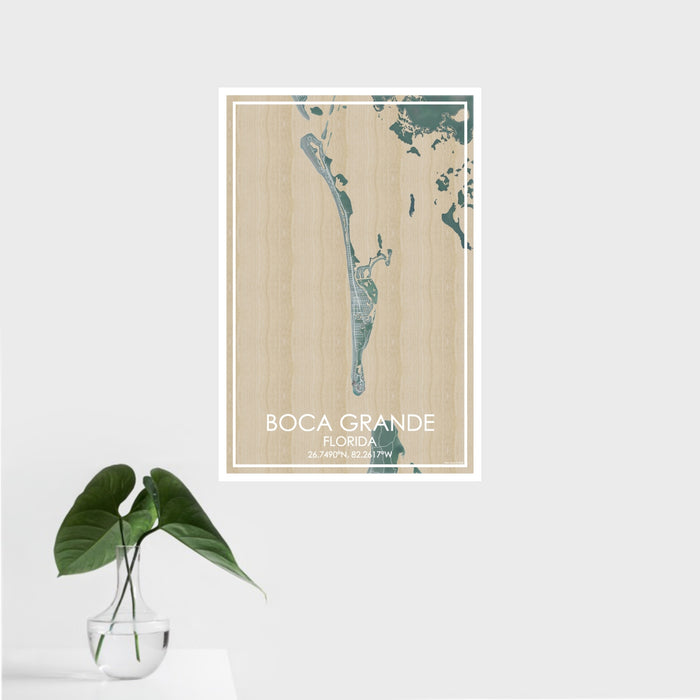 16x24 Boca Grande Florida Map Print Portrait Orientation in Afternoon Style With Tropical Plant Leaves in Water