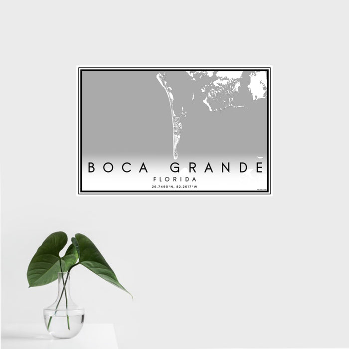 16x24 Boca Grande Florida Map Print Landscape Orientation in Classic Style With Tropical Plant Leaves in Water