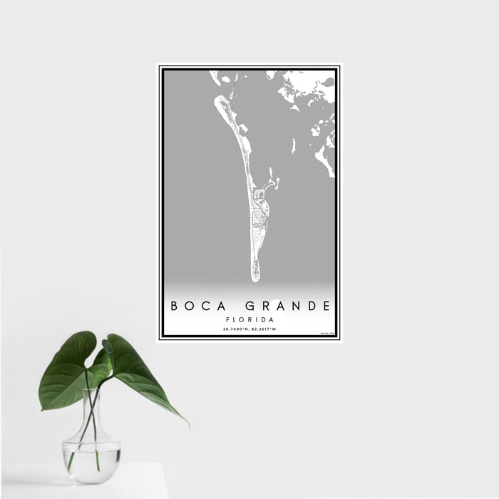 16x24 Boca Grande Florida Map Print Portrait Orientation in Classic Style With Tropical Plant Leaves in Water